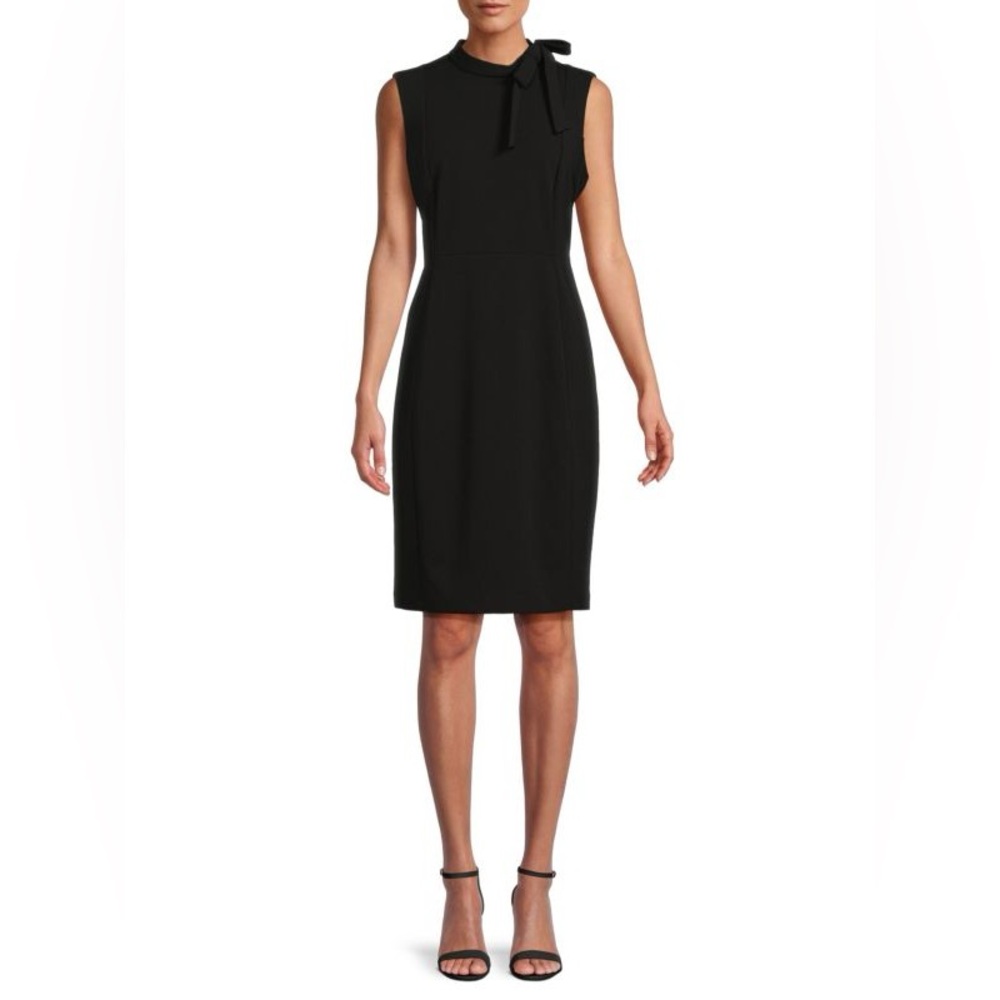 New Calvin Klein Sheath Dress Bow Neck Sleeveless Black Size 6 Elegant Cocktail